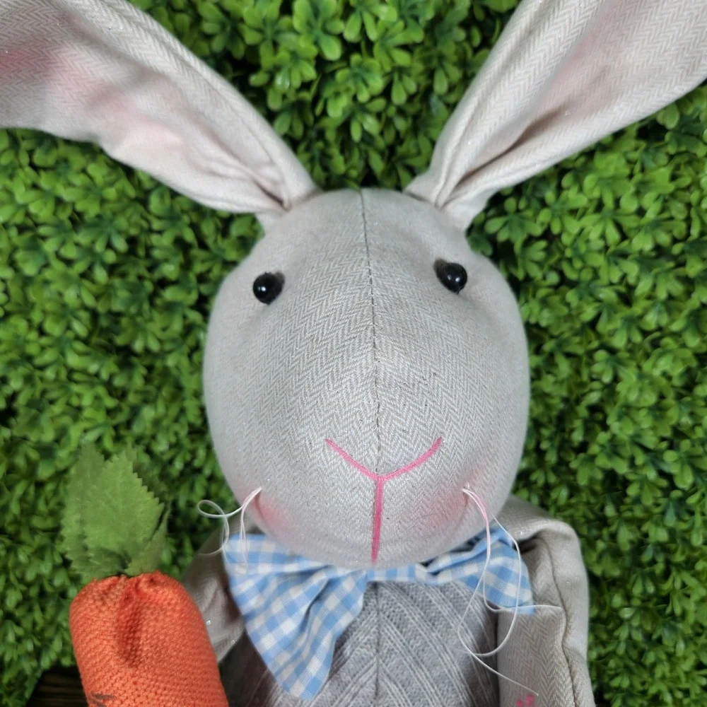 Grey Fabric Easter Bunny Figurine Weighted Shelf Sitter with Carrot and Bow Tie